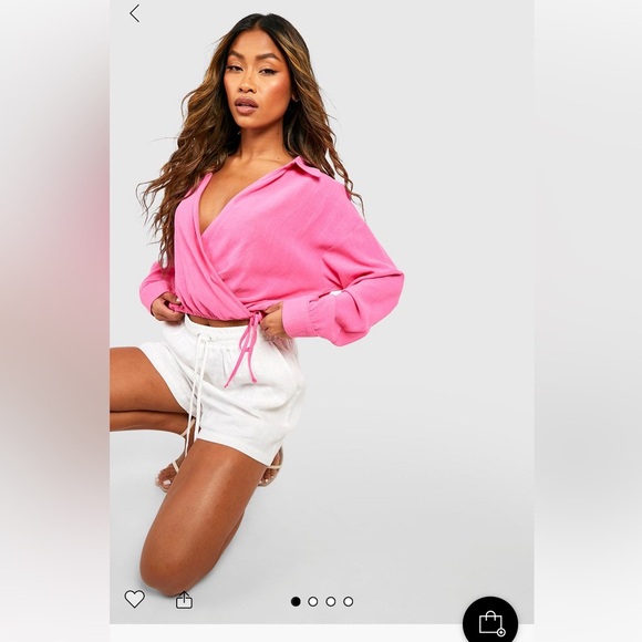 Boohoo Linen Cropped Tie Detail Wrap Shirt - Picture 3 of 6